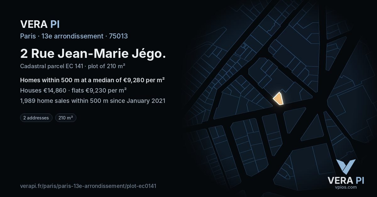 2 Rue Jean-Marie Jégo, 13e arrondissement at night – the plot lit, the parcels around coloured by the prices near them