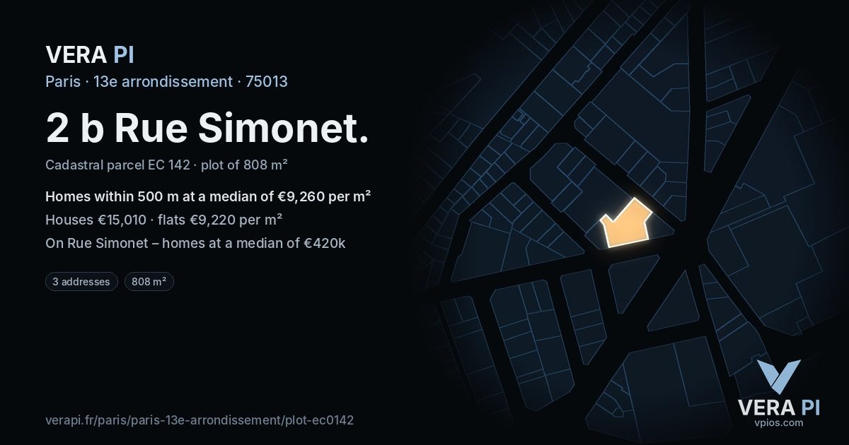 2 b Rue Simonet, 13e arrondissement at night – the plot lit, the parcels around coloured by the prices near them