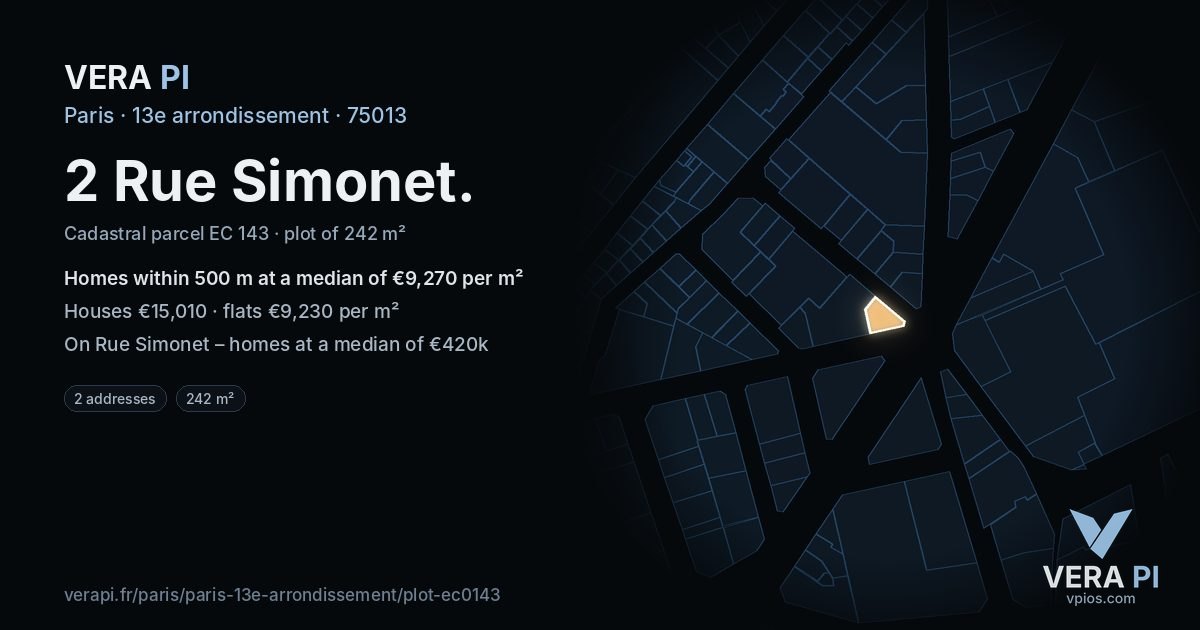 2 Rue Simonet, 13e arrondissement at night – the plot lit, the parcels around coloured by the prices near them