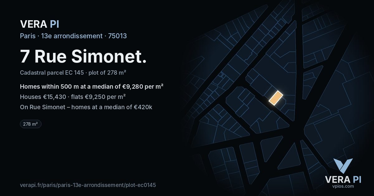 7 Rue Simonet, 13e arrondissement at night – the plot lit, the parcels around coloured by the prices near them