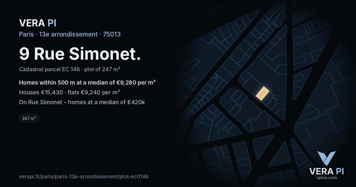 9 Rue Simonet, 13e arrondissement at night – the plot lit, the parcels around coloured by the prices near them