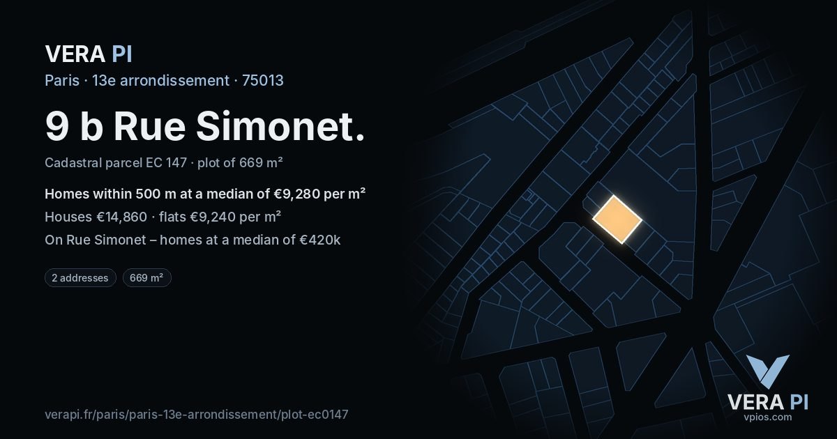 9 b Rue Simonet, 13e arrondissement at night – the plot lit, the parcels around coloured by the prices near them