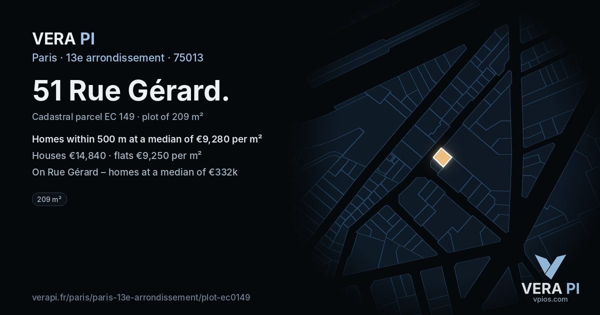 51 Rue Gérard, 13e arrondissement at night – the plot lit, the parcels around coloured by the prices near them