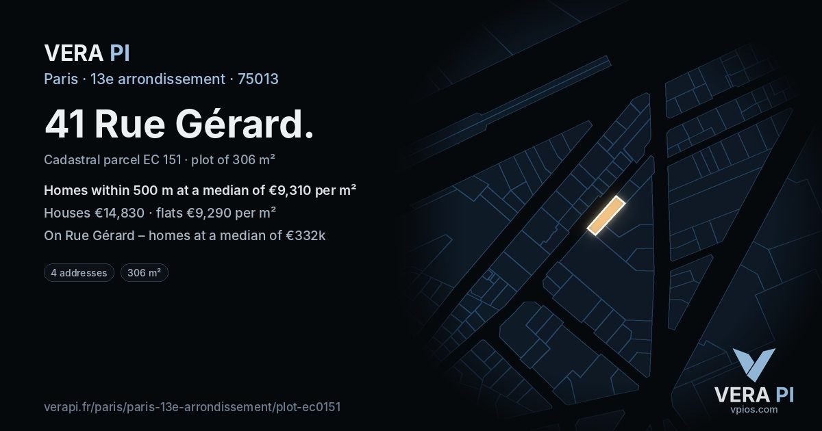 41 Rue Gérard, 13e arrondissement at night – the plot lit, the parcels around coloured by the prices near them