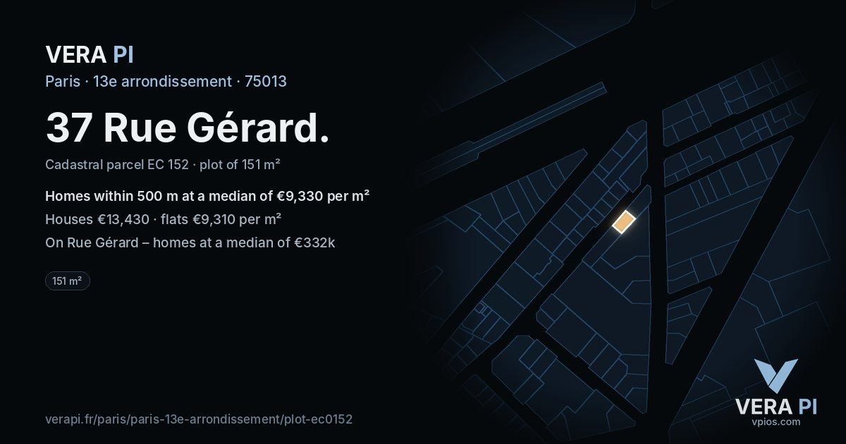37 Rue Gérard, 13e arrondissement at night – the plot lit, the parcels around coloured by the prices near them