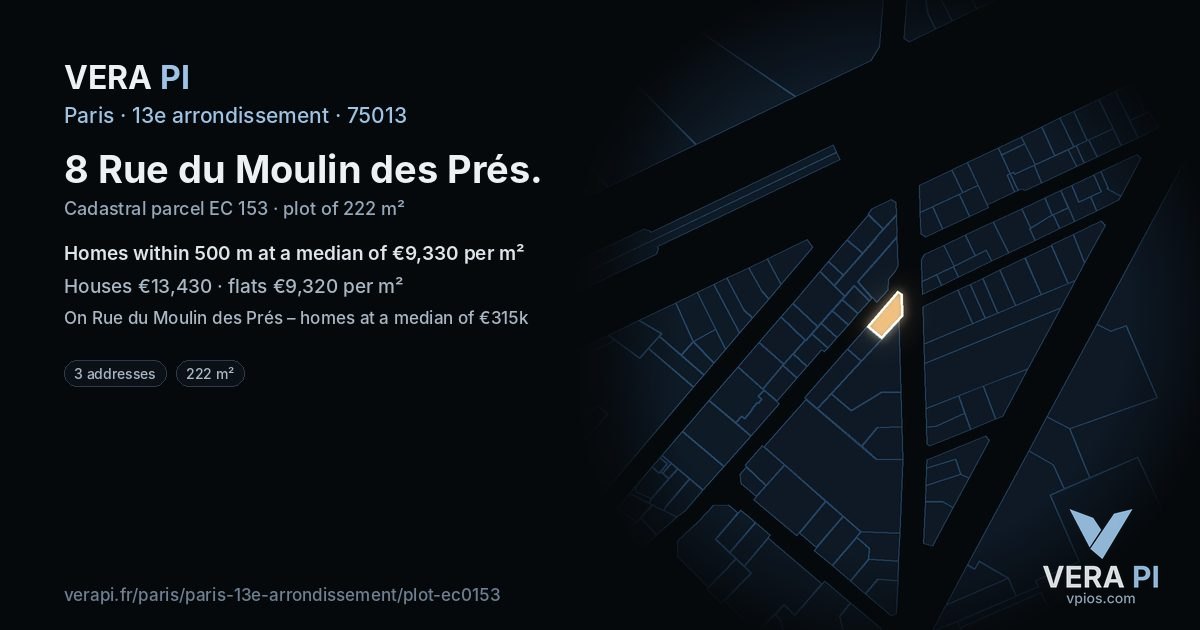8 Rue du Moulin des Prés, 13e arrondissement at night – the plot lit, the parcels around coloured by the prices near them