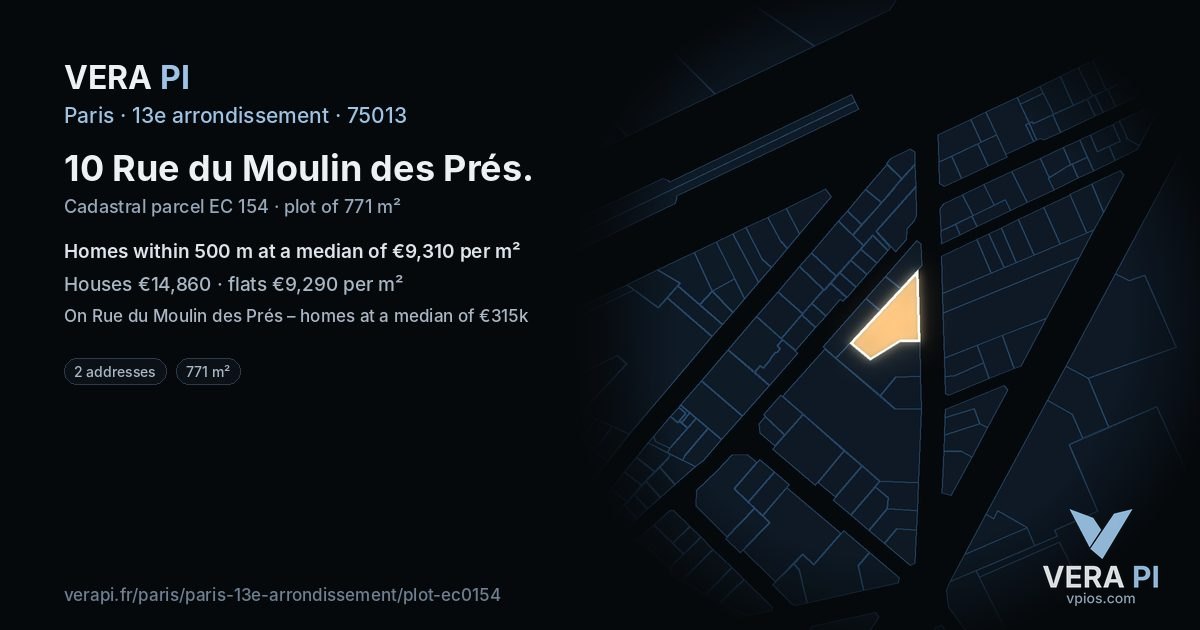 10 Rue du Moulin des Prés, 13e arrondissement at night – the plot lit, the parcels around coloured by the prices near them