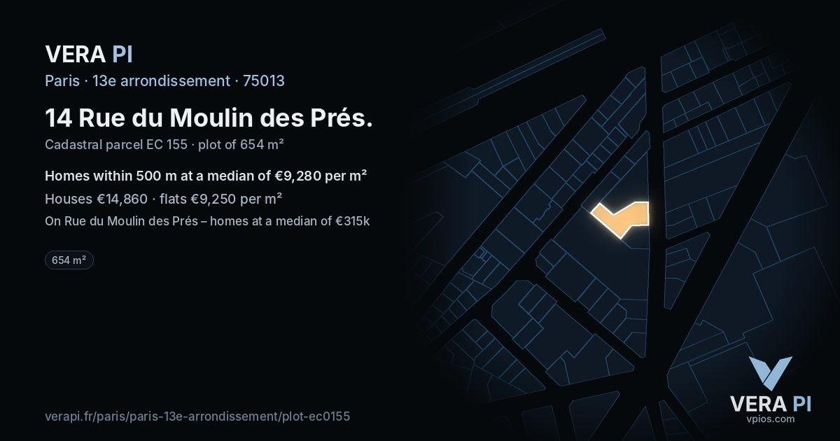 14 Rue du Moulin des Prés, 13e arrondissement at night – the plot lit, the parcels around coloured by the prices near them
