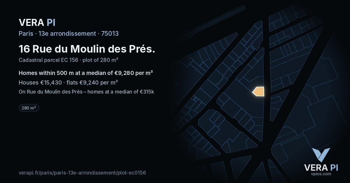 16 Rue du Moulin des Prés, 13e arrondissement at night – the plot lit, the parcels around coloured by the prices near them