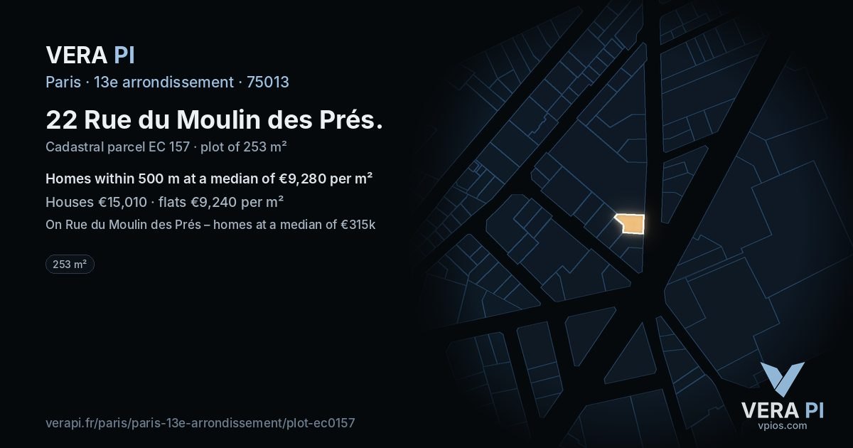 22 Rue du Moulin des Prés, 13e arrondissement at night – the plot lit, the parcels around coloured by the prices near them