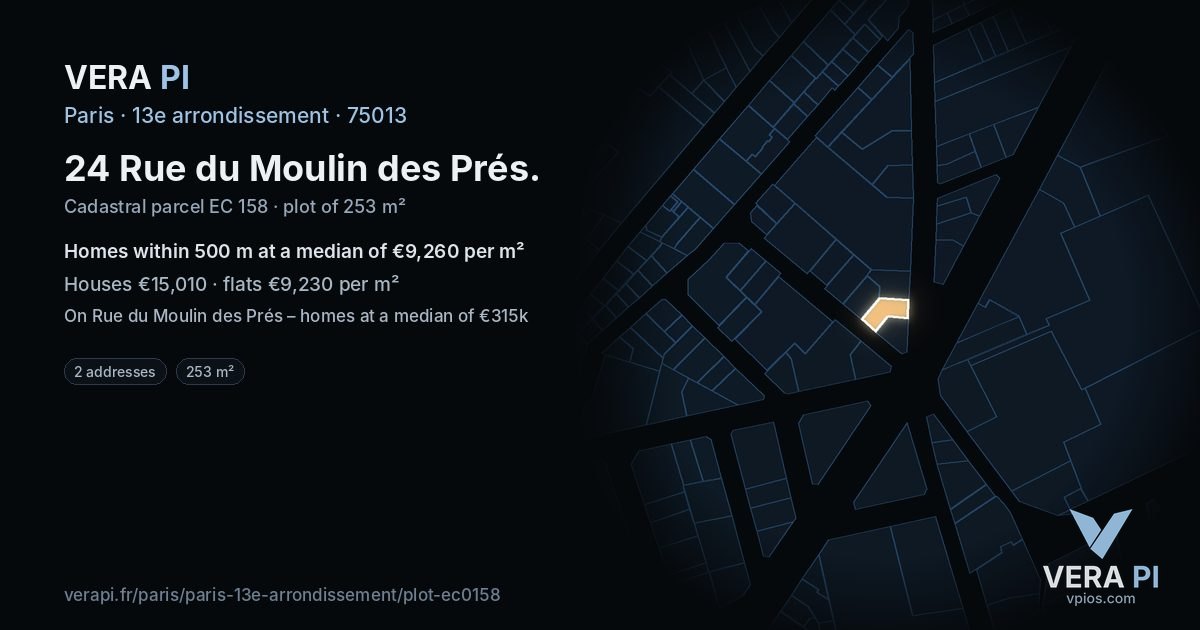 24 Rue du Moulin des Prés, 13e arrondissement at night – the plot lit, the parcels around coloured by the prices near them