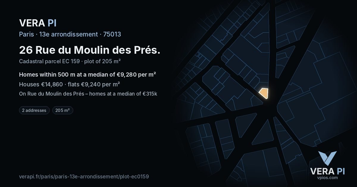 26 Rue du Moulin des Prés, 13e arrondissement at night – the plot lit, the parcels around coloured by the prices near them