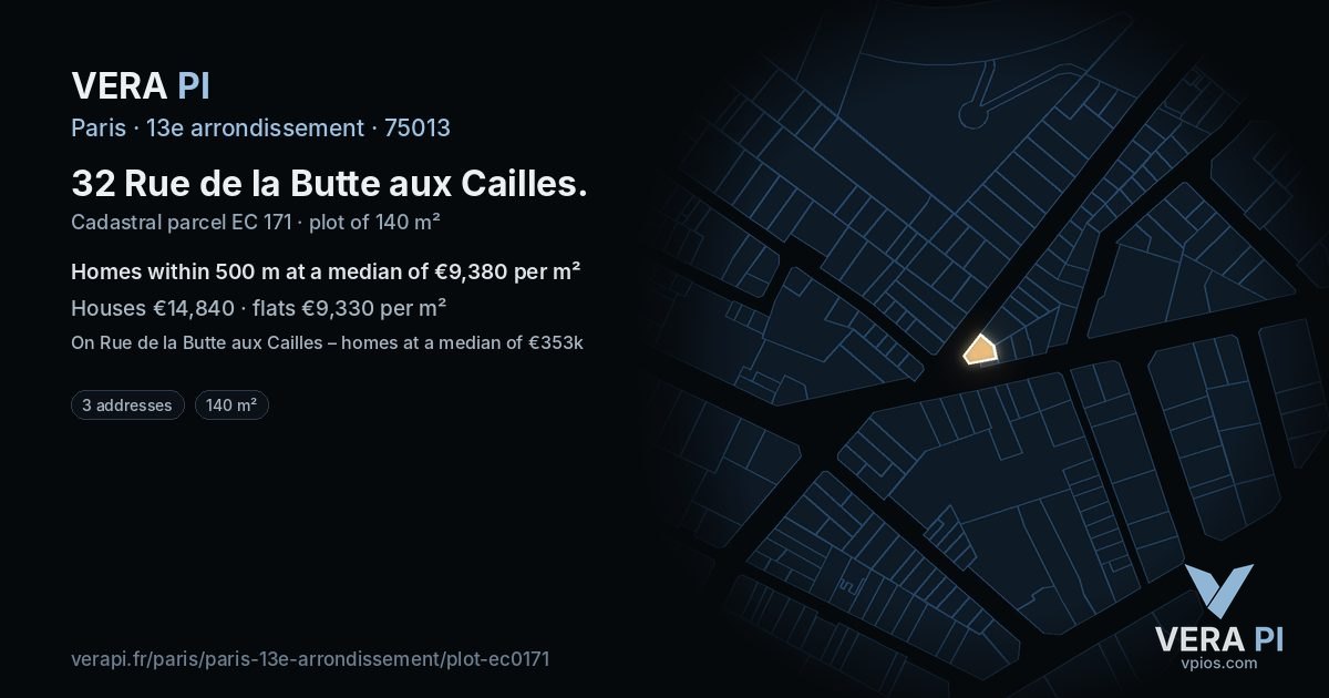 32 Rue de la Butte aux Cailles, 13e arrondissement at night – the plot lit, the parcels around coloured by the prices near them