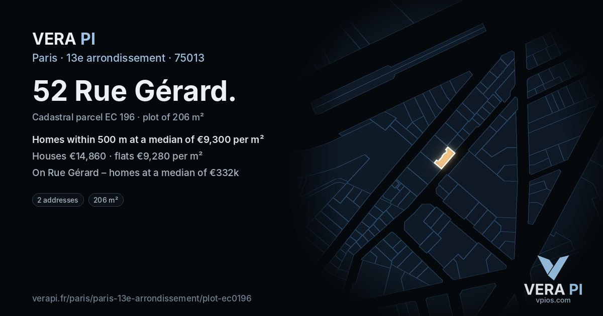 52 Rue Gérard, 13e arrondissement at night – the plot lit, the parcels around coloured by the prices near them