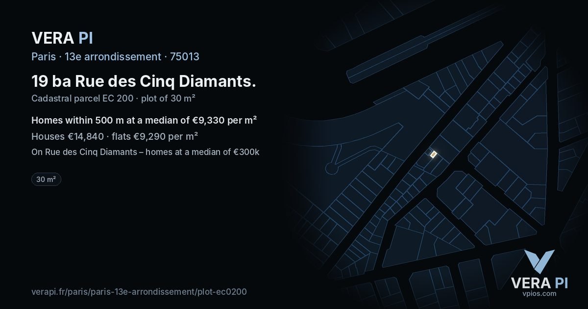 19 ba Rue des Cinq Diamants, 13e arrondissement at night – the plot lit, the parcels around coloured by the prices near them