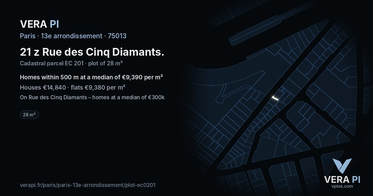 21 z Rue des Cinq Diamants, 13e arrondissement at night – the plot lit, the parcels around coloured by the prices near them
