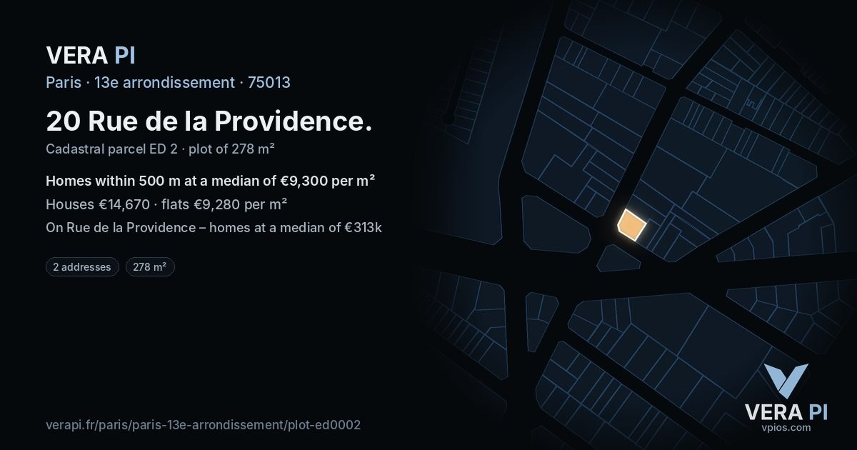 20 Rue de la Providence, 13e arrondissement at night – the plot lit, the parcels around coloured by the prices near them