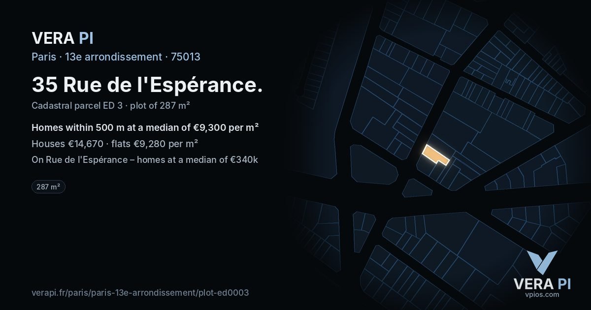 35 Rue de l'Espérance, 13e arrondissement at night – the plot lit, the parcels around coloured by the prices near them