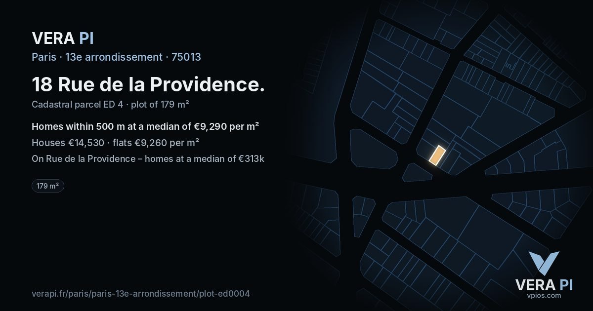 18 Rue de la Providence, 13e arrondissement at night – the plot lit, the parcels around coloured by the prices near them