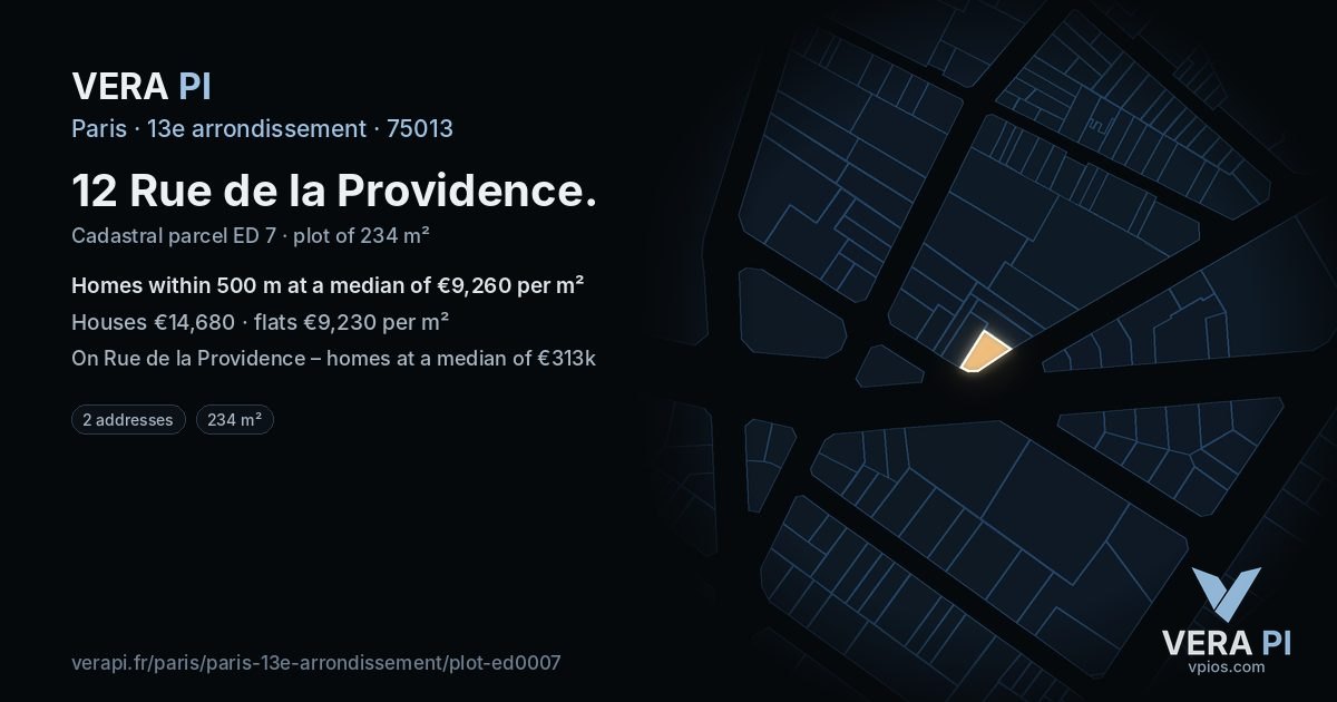 12 Rue de la Providence, 13e arrondissement at night – the plot lit, the parcels around coloured by the prices near them