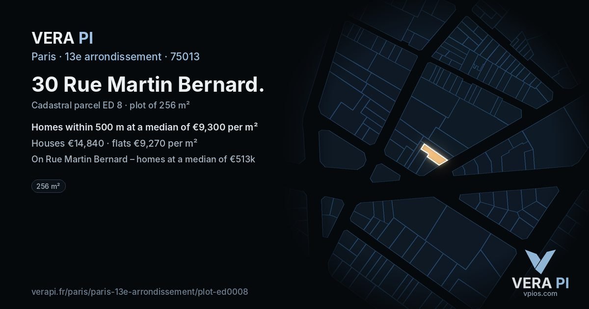 30 Rue Martin Bernard, 13e arrondissement at night – the plot lit, the parcels around coloured by the prices near them