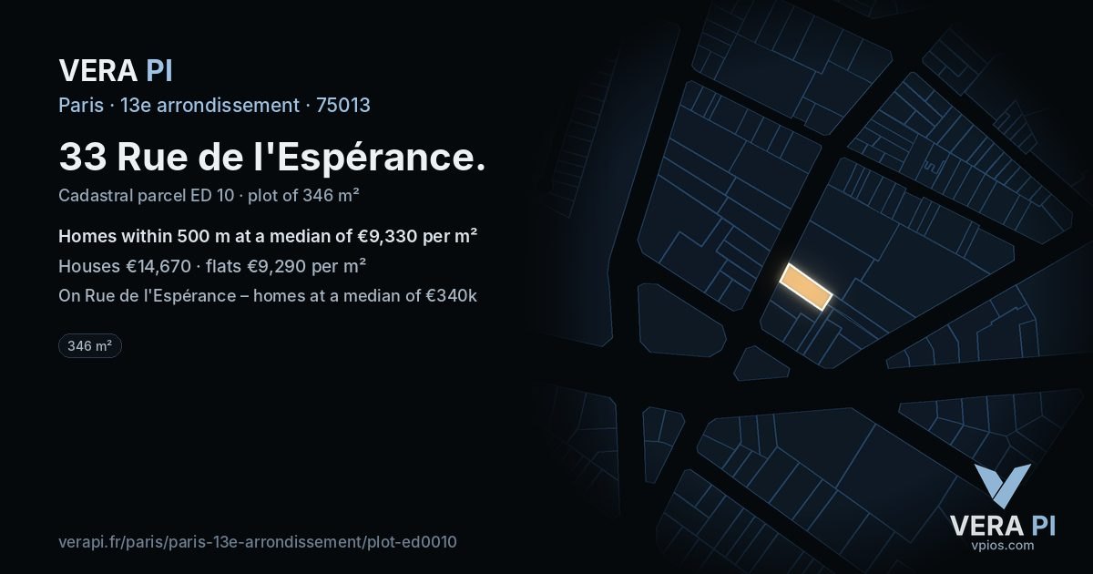 33 Rue de l'Espérance, 13e arrondissement at night – the plot lit, the parcels around coloured by the prices near them