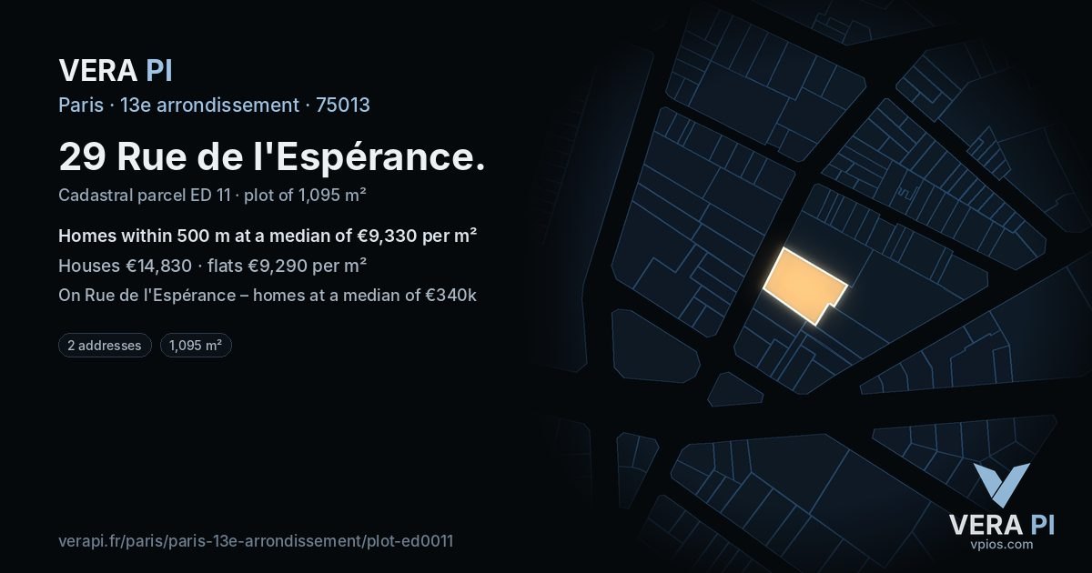 29 Rue de l'Espérance, 13e arrondissement at night – the plot lit, the parcels around coloured by the prices near them