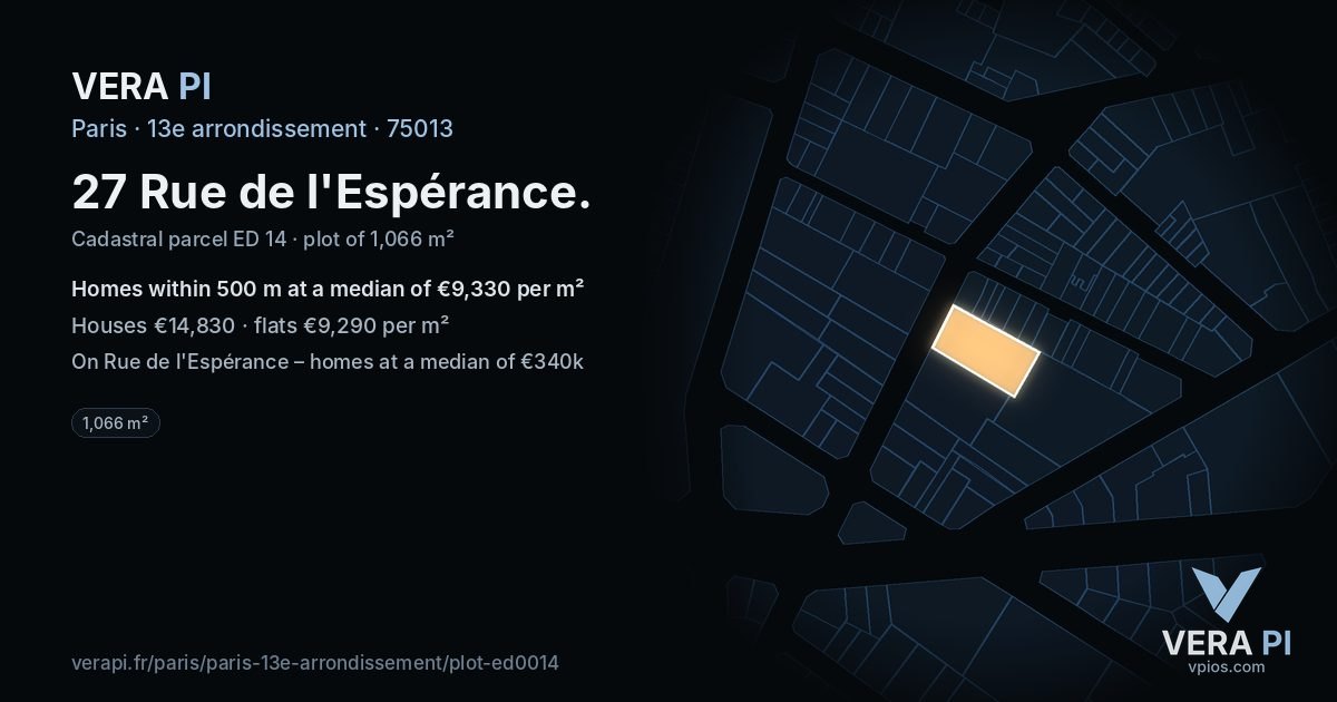 27 Rue de l'Espérance, 13e arrondissement at night – the plot lit, the parcels around coloured by the prices near them