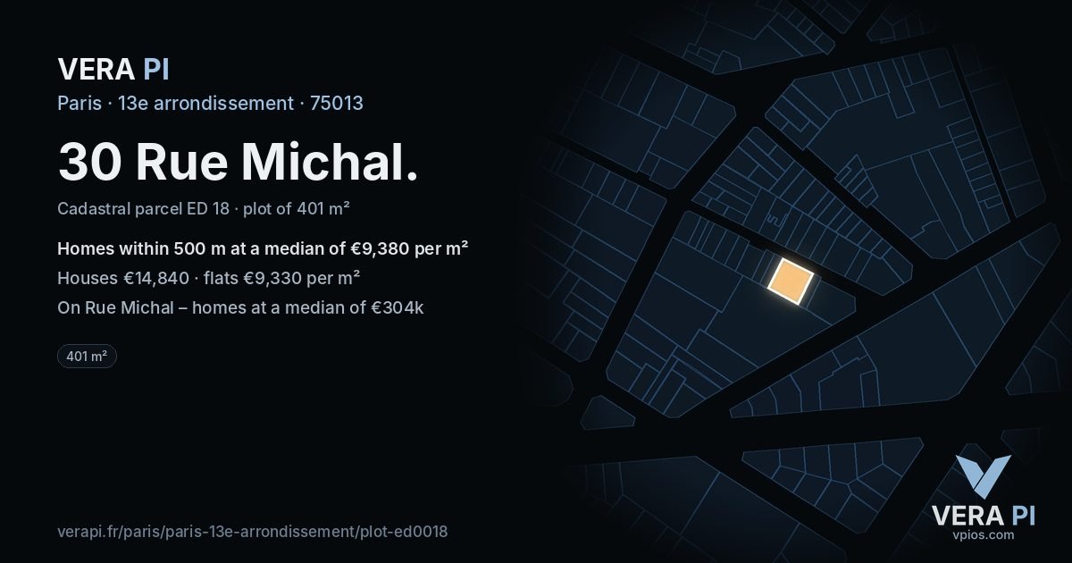 30 Rue Michal, 13e arrondissement at night – the plot lit, the parcels around coloured by the prices near them