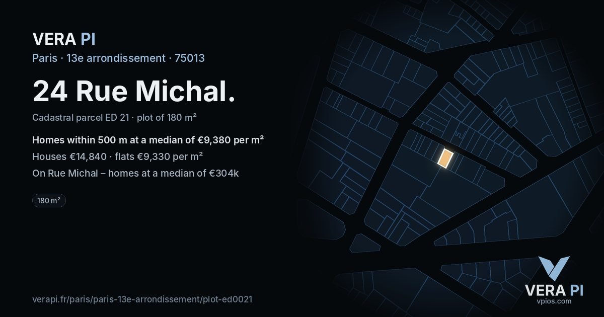 24 Rue Michal, 13e arrondissement at night – the plot lit, the parcels around coloured by the prices near them
