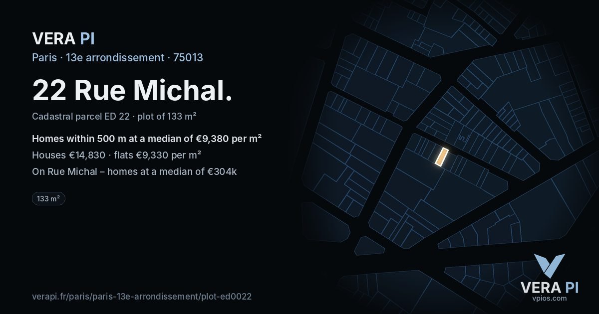 22 Rue Michal, 13e arrondissement at night – the plot lit, the parcels around coloured by the prices near them