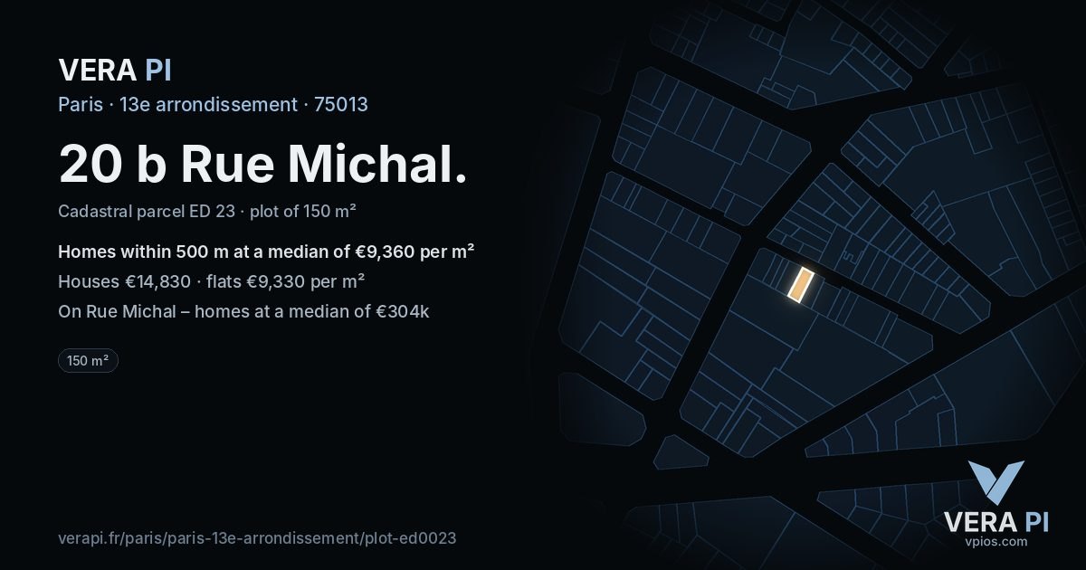 20 b Rue Michal, 13e arrondissement at night – the plot lit, the parcels around coloured by the prices near them