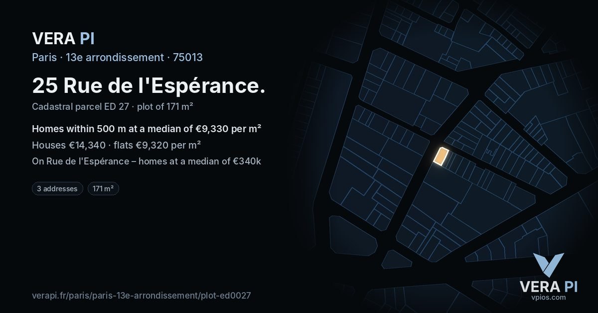 25 Rue de l'Espérance, 13e arrondissement at night – the plot lit, the parcels around coloured by the prices near them
