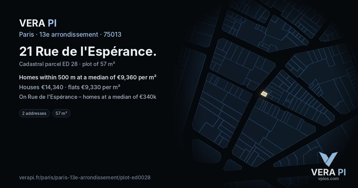 21 Rue de l'Espérance, 13e arrondissement at night – the plot lit, the parcels around coloured by the prices near them