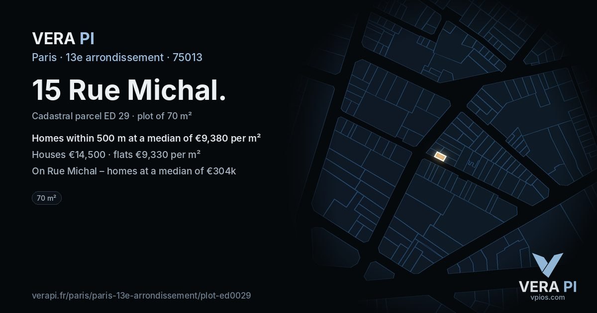 15 Rue Michal, 13e arrondissement at night – the plot lit, the parcels around coloured by the prices near them