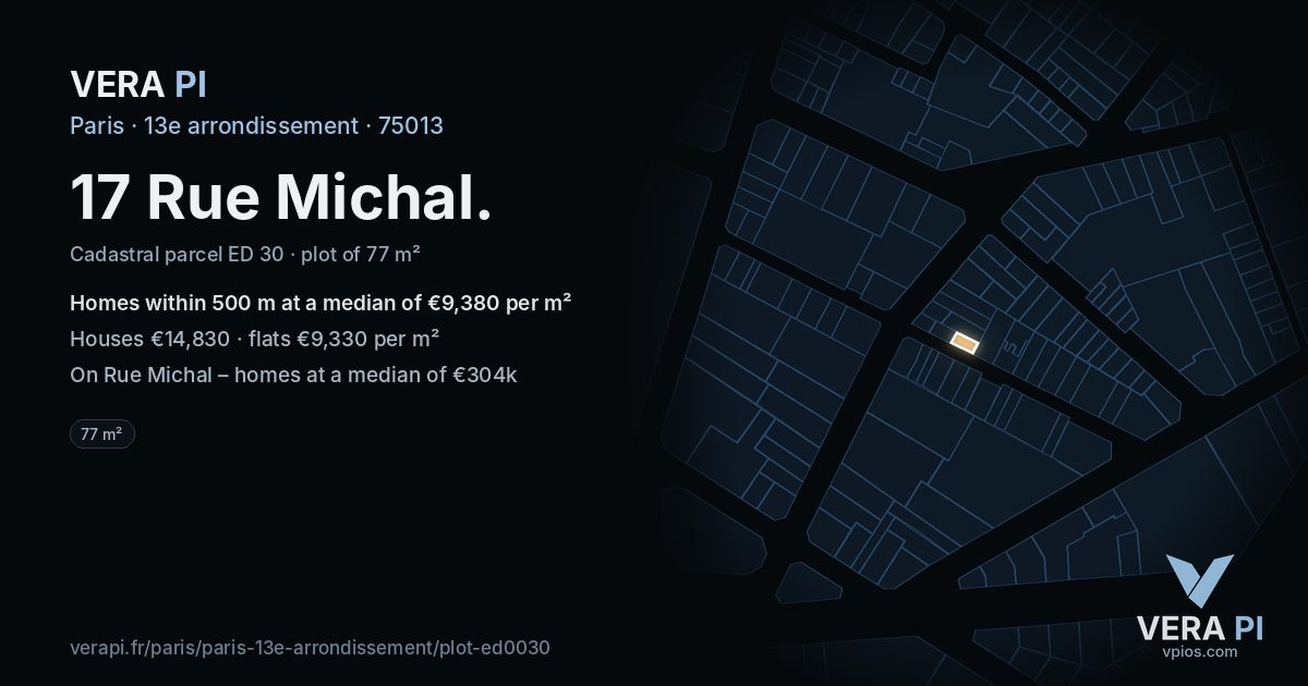 17 Rue Michal, 13e arrondissement at night – the plot lit, the parcels around coloured by the prices near them
