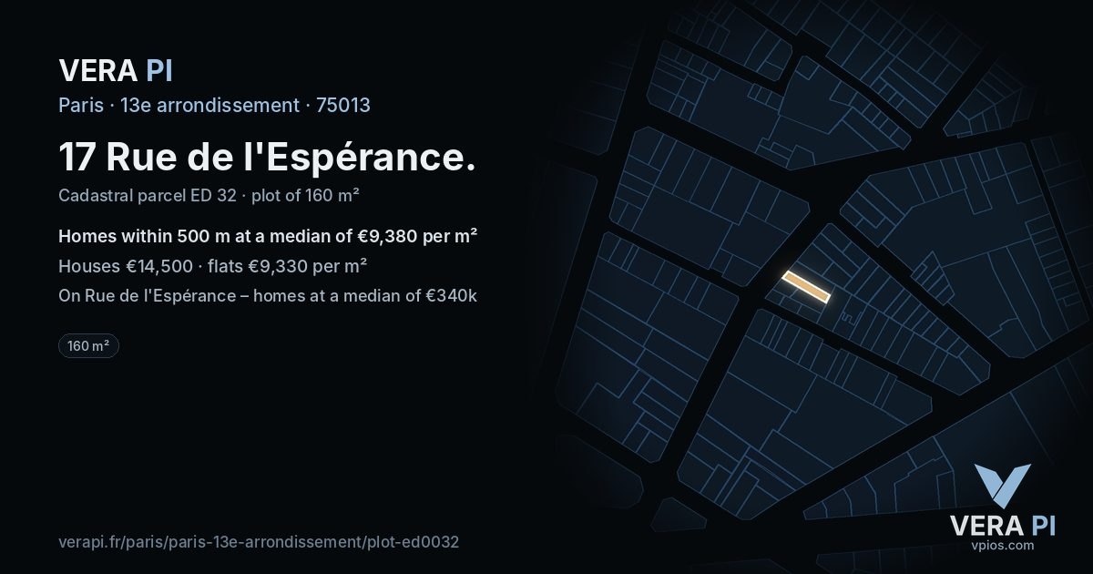 17 Rue de l'Espérance, 13e arrondissement at night – the plot lit, the parcels around coloured by the prices near them