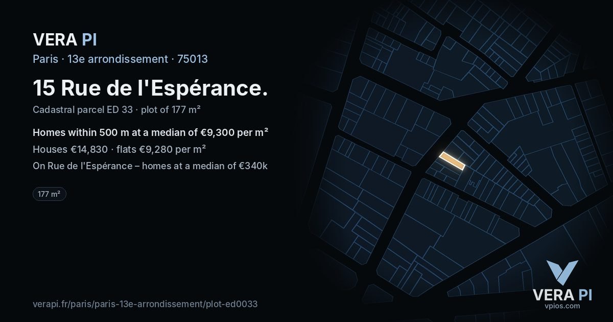 15 Rue de l'Espérance, 13e arrondissement at night – the plot lit, the parcels around coloured by the prices near them