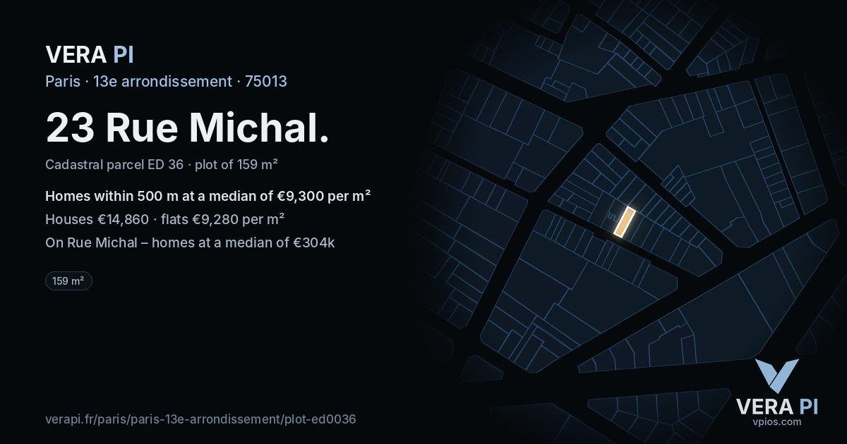 23 Rue Michal, 13e arrondissement at night – the plot lit, the parcels around coloured by the prices near them