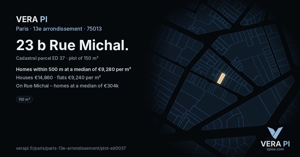 23 b Rue Michal, 13e arrondissement at night – the plot lit, the parcels around coloured by the prices near them