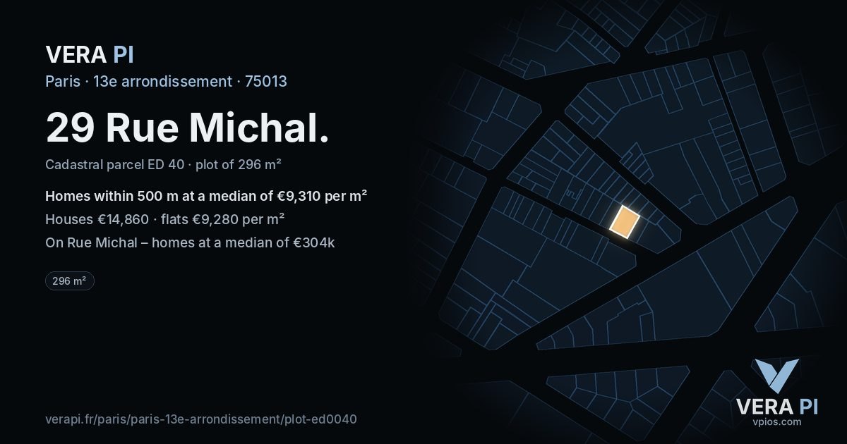 29 Rue Michal, 13e arrondissement at night – the plot lit, the parcels around coloured by the prices near them