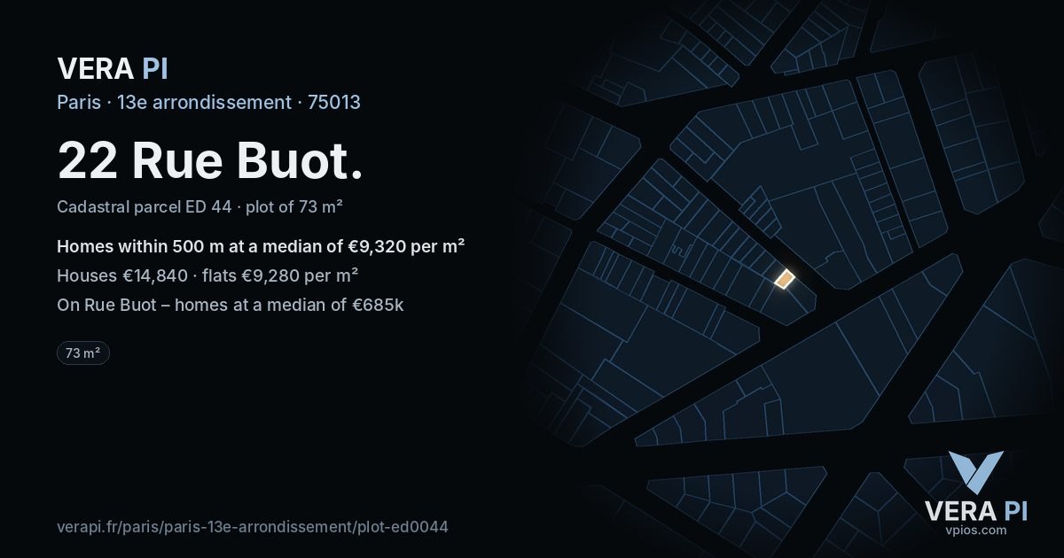 22 Rue Buot, 13e arrondissement at night – the plot lit, the parcels around coloured by the prices near them