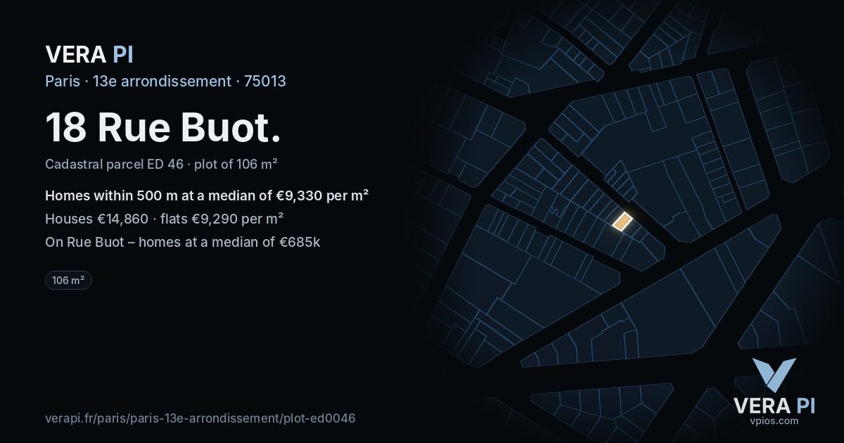 18 Rue Buot, 13e arrondissement at night – the plot lit, the parcels around coloured by the prices near them