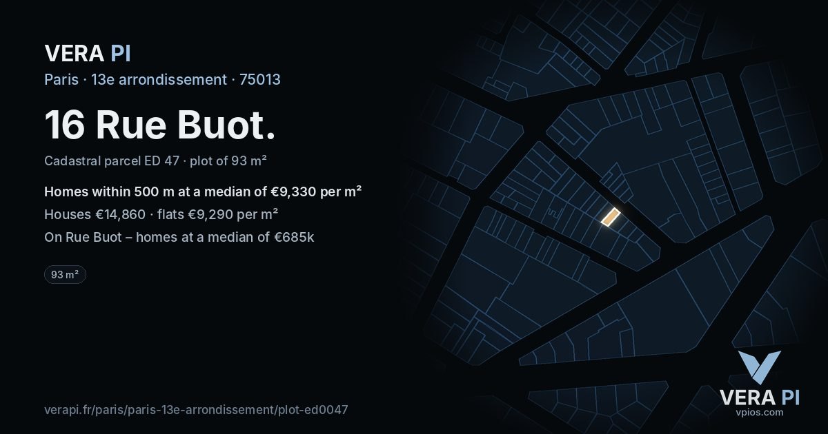16 Rue Buot, 13e arrondissement at night – the plot lit, the parcels around coloured by the prices near them