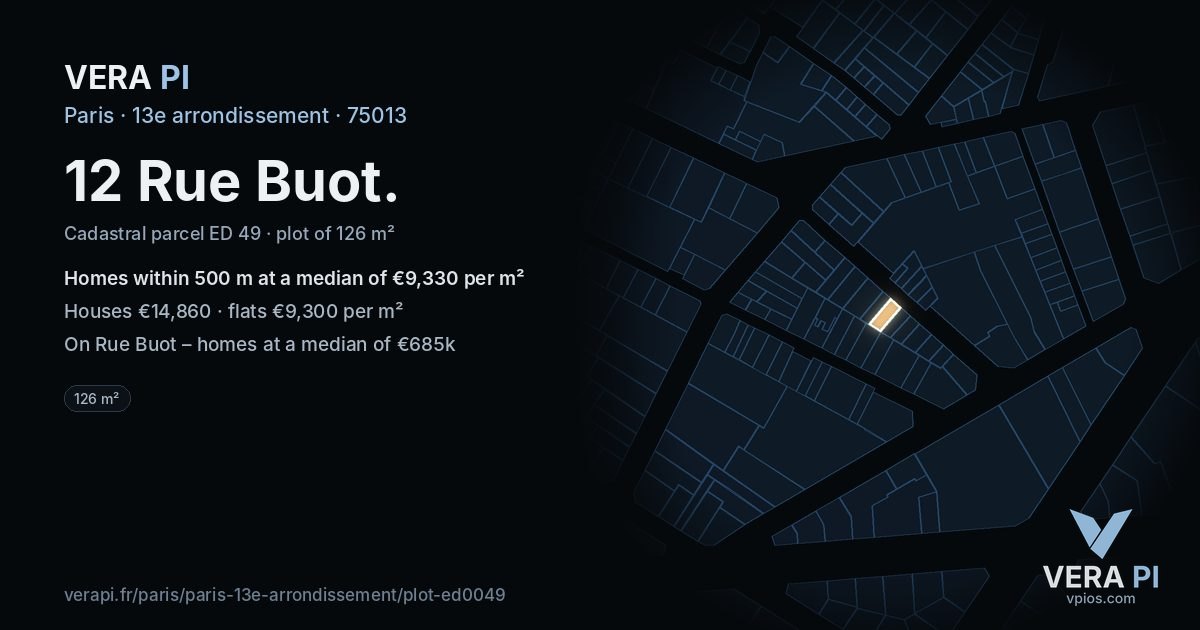 12 Rue Buot, 13e arrondissement at night – the plot lit, the parcels around coloured by the prices near them