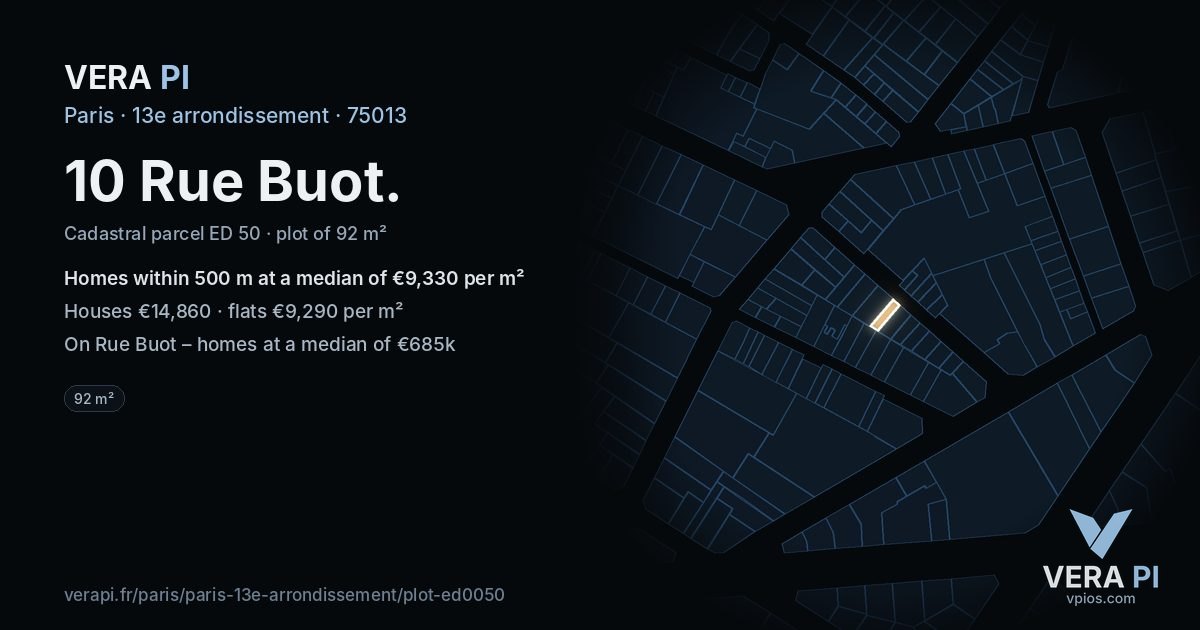 10 Rue Buot, 13e arrondissement at night – the plot lit, the parcels around coloured by the prices near them