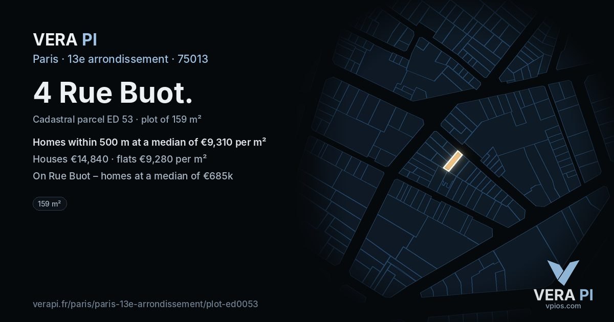 4 Rue Buot, 13e arrondissement at night – the plot lit, the parcels around coloured by the prices near them