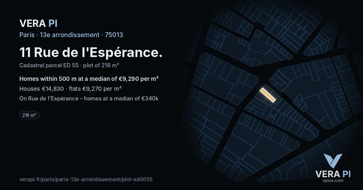 11 Rue de l'Espérance, 13e arrondissement at night – the plot lit, the parcels around coloured by the prices near them