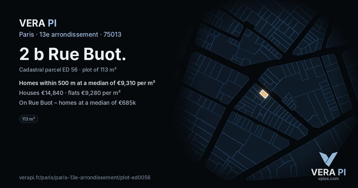2 b Rue Buot, 13e arrondissement at night – the plot lit, the parcels around coloured by the prices near them