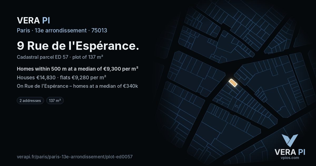 9 Rue de l'Espérance, 13e arrondissement at night – the plot lit, the parcels around coloured by the prices near them
